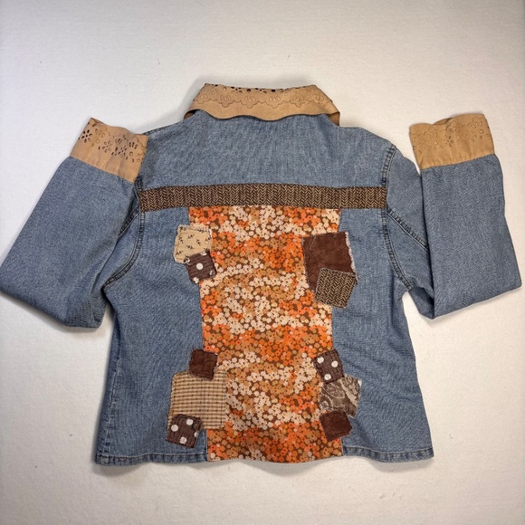 Denim Jacket Lightweight Brown Orange Floral Patchwork Tan Faux Suede Medium - Picture 7 of 11